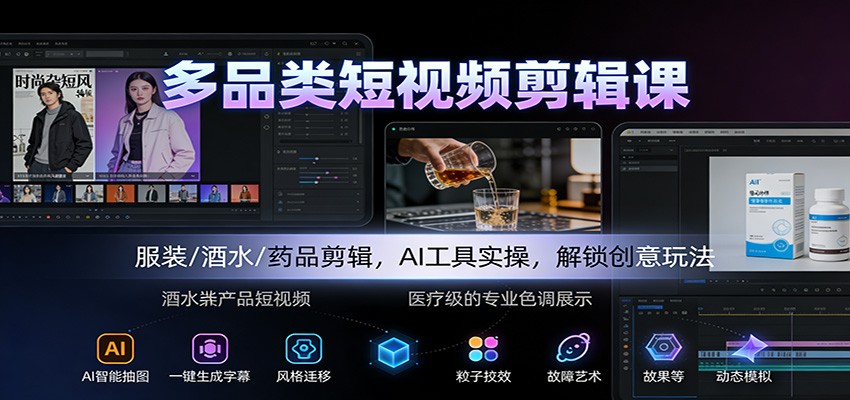 多品类短视频剪辑课:服装/酒水/药品剪辑,AI工具实操,解锁创意玩法-云阁资源网