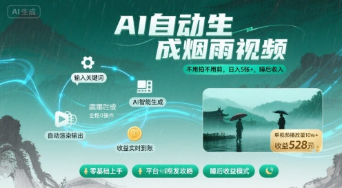 不用拍不用剪！AI自动生成烟雨视频，日入5张+，睡后收入-云阁资源网