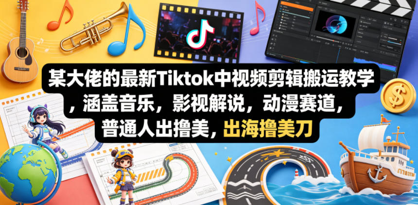 某大佬的最新Tiktok中视频剪辑搬运教学，涵盖音乐，影视解说，动漫赛道，普通人出海撸美刀-云阁资源网