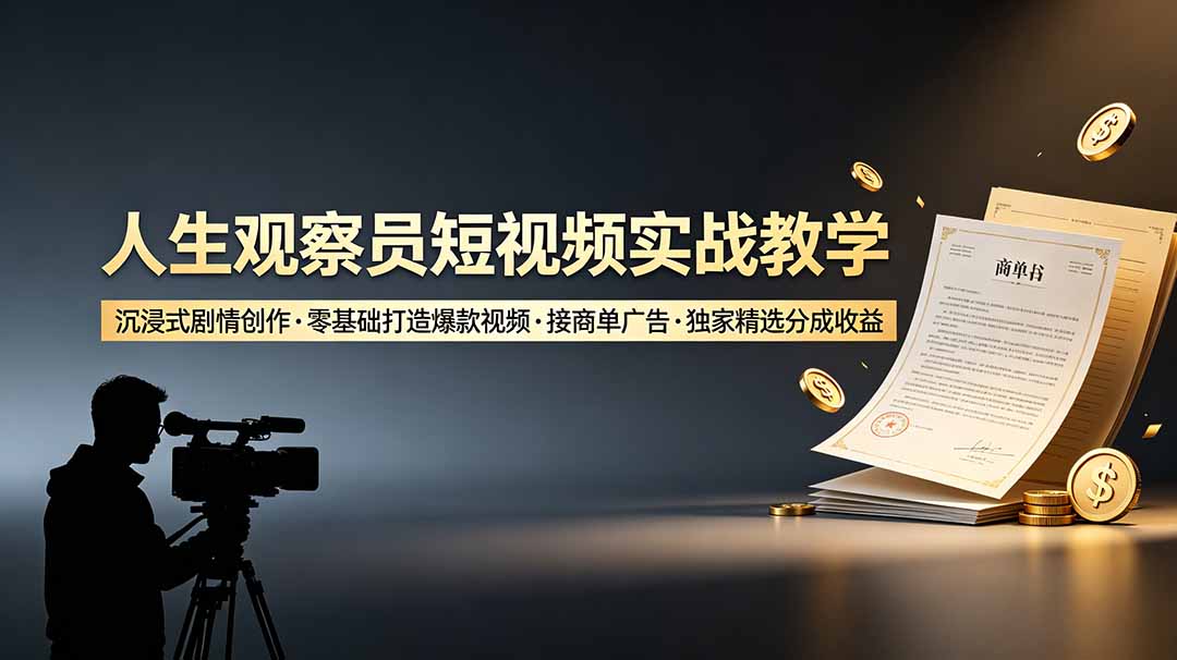 人生观察员短视频实战教学，沉浸式剧情创作，零基础打造爆款视频，接商单广告，独家精选分成收益-云阁资源网