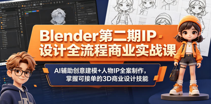 Blender第二期IP设计全流程商业实战课,AI辅助创意建模+人物IP全案制作,掌握可接单的3D商业设计技能-云阁资源网