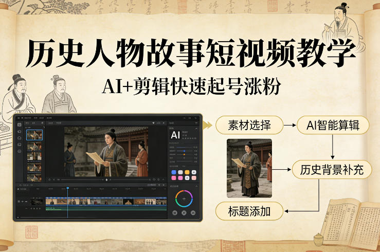历史人物故事短视频教学,AI+剪辑制作历史人物题材短视频,快速起号涨粉
