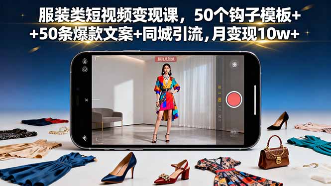 服装类短视频变现课，50个钩子模板+50条爆款文案+同城引流，月变现10w+-云阁资源网