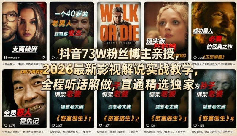 抖音73W粉丝博主亲授，2026最新影视解说实战教学，全程听话照做，直通精选独家-云阁资源网