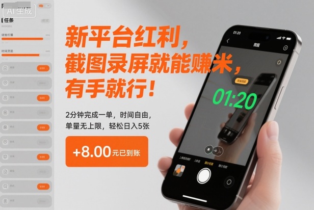 新平台红利,截图录屏就能賺米,有手就行!2分钟完成一单,时间自由,单量无上限,轻松日入5张【揭秘】-云阁资源网