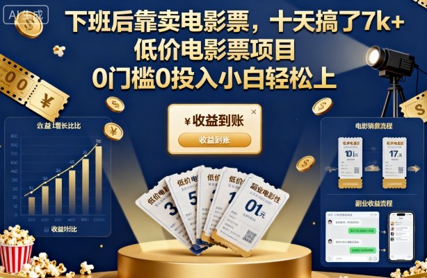 下班后靠卖电影票，十天搞了7k+，低价电影票项目，0门槛0投入小白轻松上手【揭秘】-云阁资源网