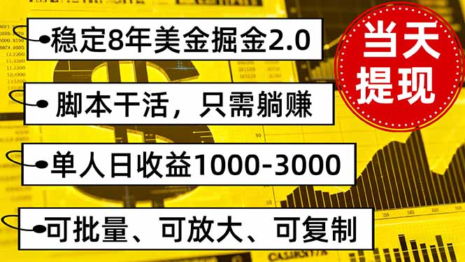 稳定8年美金掘金2.0脚本干活，只需躺赚。单人日收益1000-3000可批量、…-云阁资源网