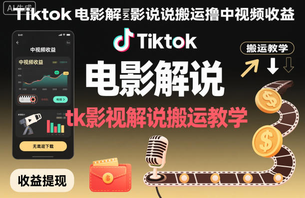 Tiktok电影解说搬运撸中视频收益，tk影视解说搬运教学-云阁资源网