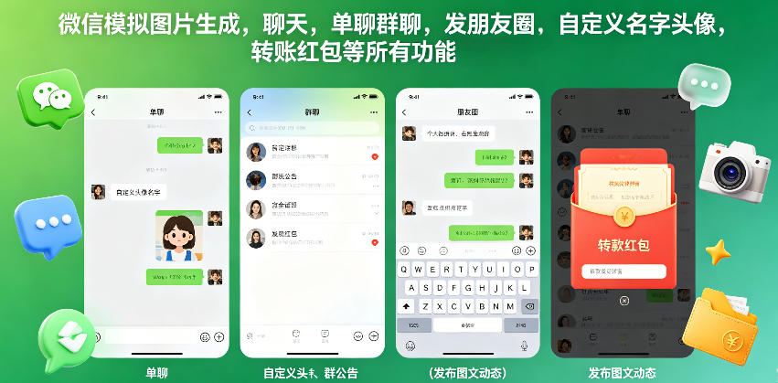 微信模拟图片生成，聊天，单聊群聊，发朋友圈，自定义名字头像，转账红包等所有功能都可以生成-云阁资源网