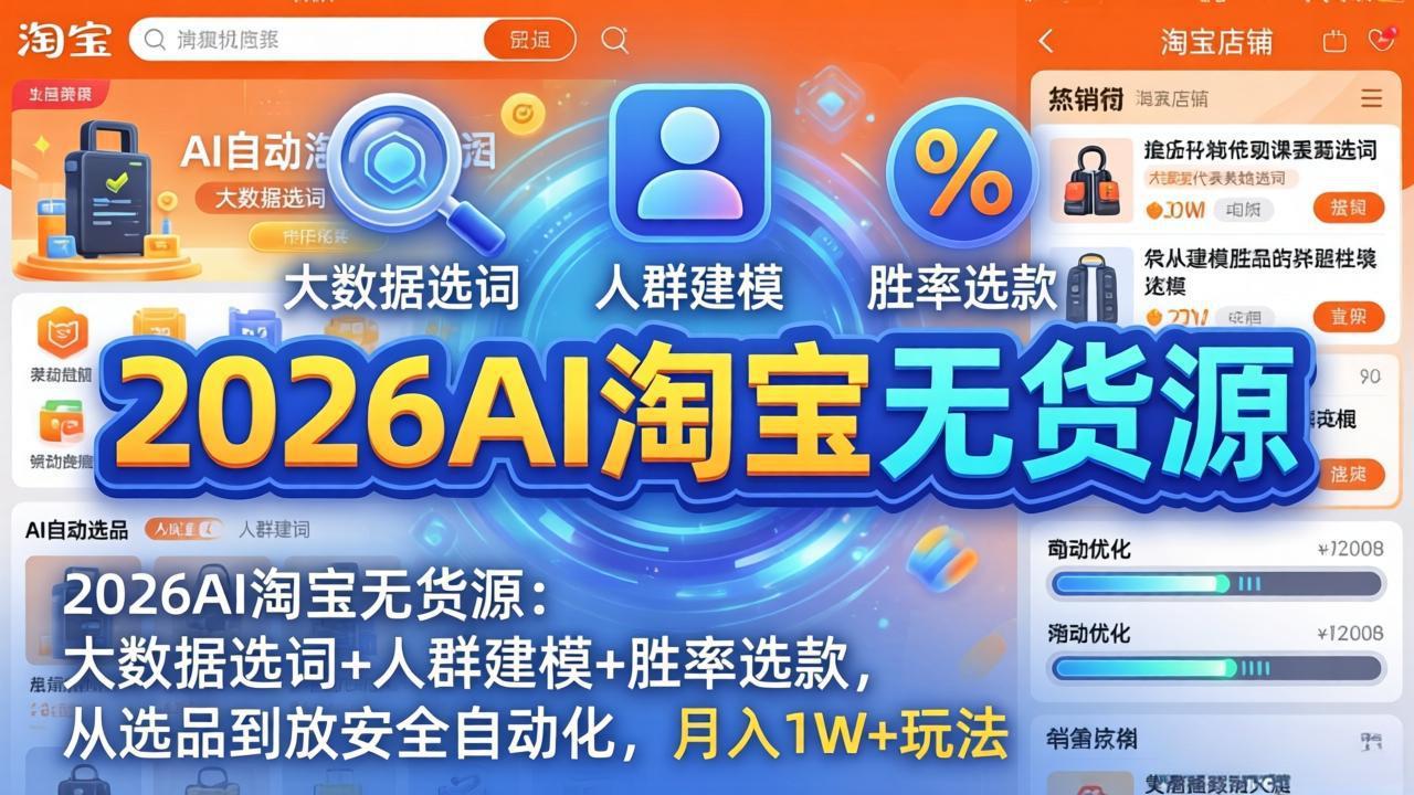 2026AI淘宝无货源：大数据选词+人群建模+胜率选款，从选品到放大全自动化，月入1W+玩法-云阁资源网