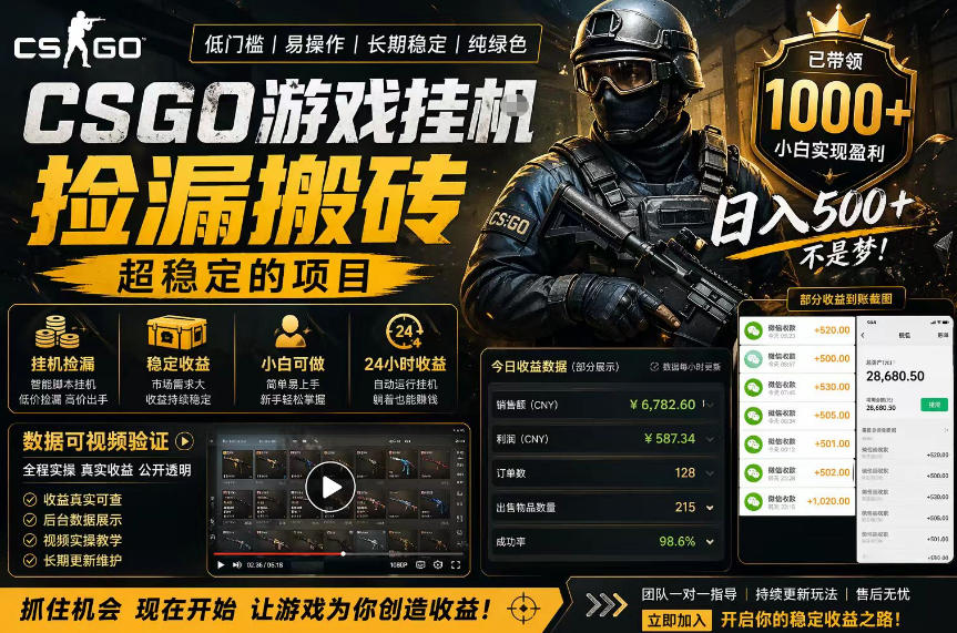 CSGO游戏搬砖，全自动挂G，不需要玩游戏，手机操作日入300+，解放双手【揭秘】-云阁资源网