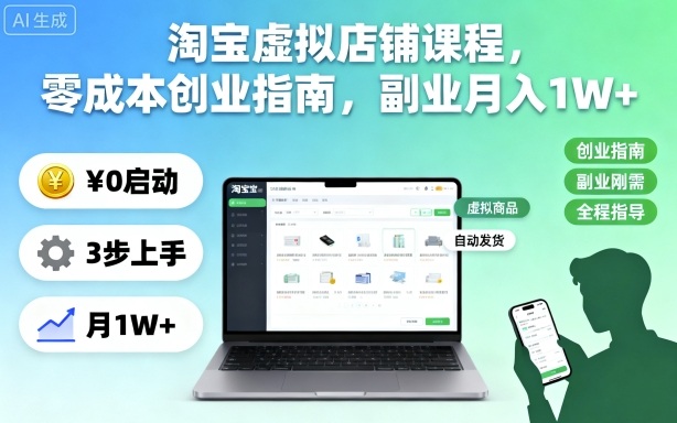 淘宝虚拟店铺课程,零成本创业指南,副业月入1W+-云阁资源网