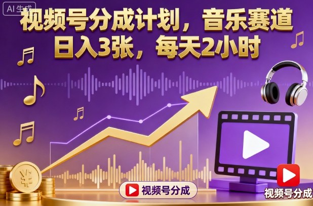 视频号分成计划，音乐赛道，日入3张，每天2小时-云阁资源网