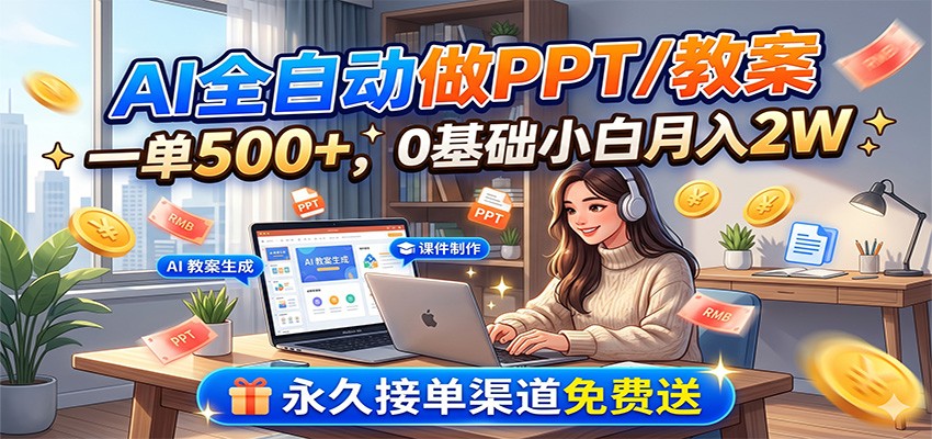 AI全自动做PPT/教案，一单500+，0基础小白月入2W，永久接单渠道免费送-云阁资源网