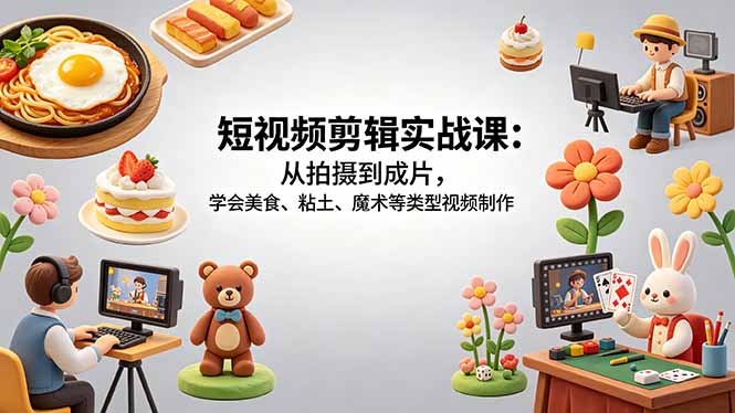 短视频剪辑实战课：从拍摄到成片，学会美食、粘土、魔术等类型视频制作-云阁资源网