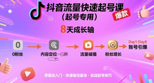 抖音流量快速起号课(起号专用)，8天带你做爆自己的账号-云阁资源网