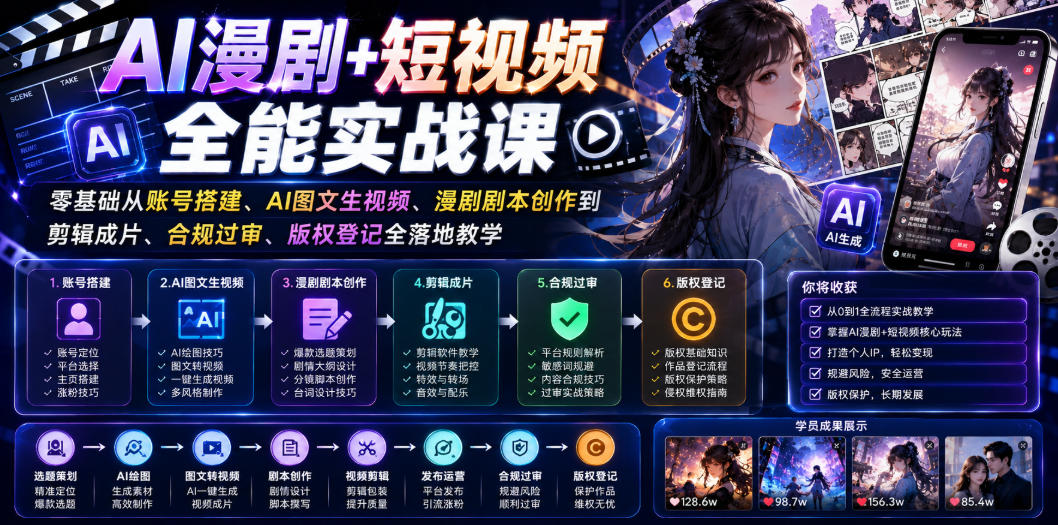 AI漫剧+短视频全能实战课｜零基础从账号搭建、AI图文生视频、漫剧剧本创作到剪辑成片、合规过审、版权登记全落地教学-云阁资源网