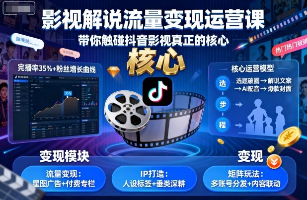 影视解说流量变现运营课，带你触碰抖音影视真正的核心-云阁资源网