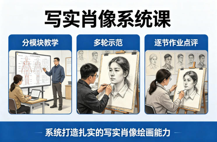 写实肖像系统课，全程分模块教学+多轮示范+逐节作业点评，系统打造扎实的写实肖像绘画能力-云阁资源网