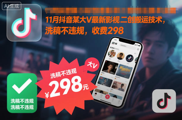 11月抖音某大V最新影视二创搬运技术，洗稿不违规，收费298-云阁资源网