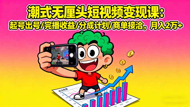 潮式无厘头短视频变现课：起号出号/完播收益/分成计划/商单接洽，月入2万+-云阁资源网