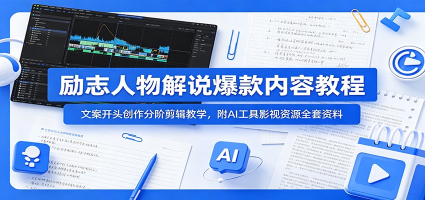 励志人物解说爆款内容教程：文案开头创作分阶剪辑教学，附AI 工具影视资源全套资料-云阁资源网
