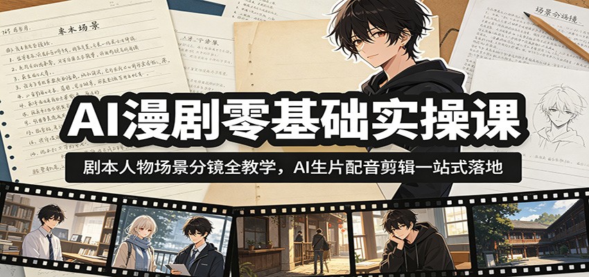 AI漫剧零基础实操课：剧本人物场景分镜全教学，AI生片配音剪辑一站式落地-云阁资源网