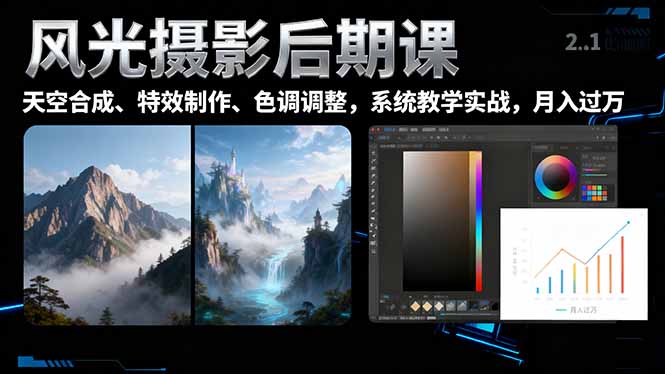 风光摄影后期课，一键换天空合成、特效制作、色调调整，月入过万-云阁资源网
