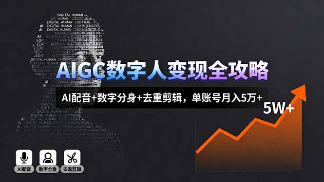 AIGC数字人变现全攻略，AI配音+数字分身+去重剪辑，单账号月入5万+-云阁资源网