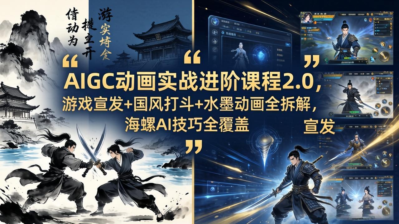 AIGC动画实战进阶课程2.0，游戏宣发+国风打斗+水墨动画全拆解，海螺AI技巧全覆盖-云阁资源网