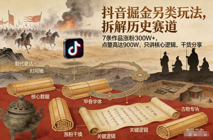 抖音掘金另类玩法，拆解历史赛道，7条作品涨粉300W+，点赞量高达900W，只讲核心逻辑，干货分享-云阁资源网