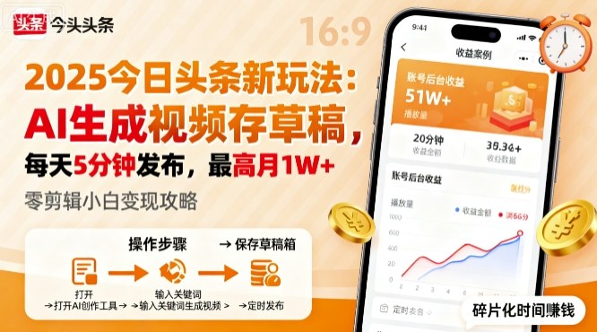 2025年今日头条躺賺新玩法，AI生成视频存草稿，每天5分钟发布，最高月1W+【揭秘】-云阁资源网