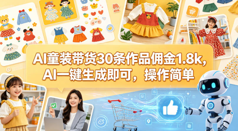 AI童装带货30条作品佣金1.8k，AI一键生成即可，操作简单-云阁资源网