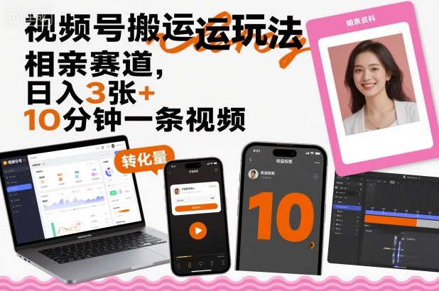 视频号搬运玩法，相亲赛道，日入3张+，10分钟一条视频-云阁资源网