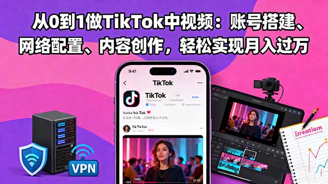 从0到1做TikTok中视频：账号搭建、网络配置、内容创作，轻松实现月入过万-云阁资源网