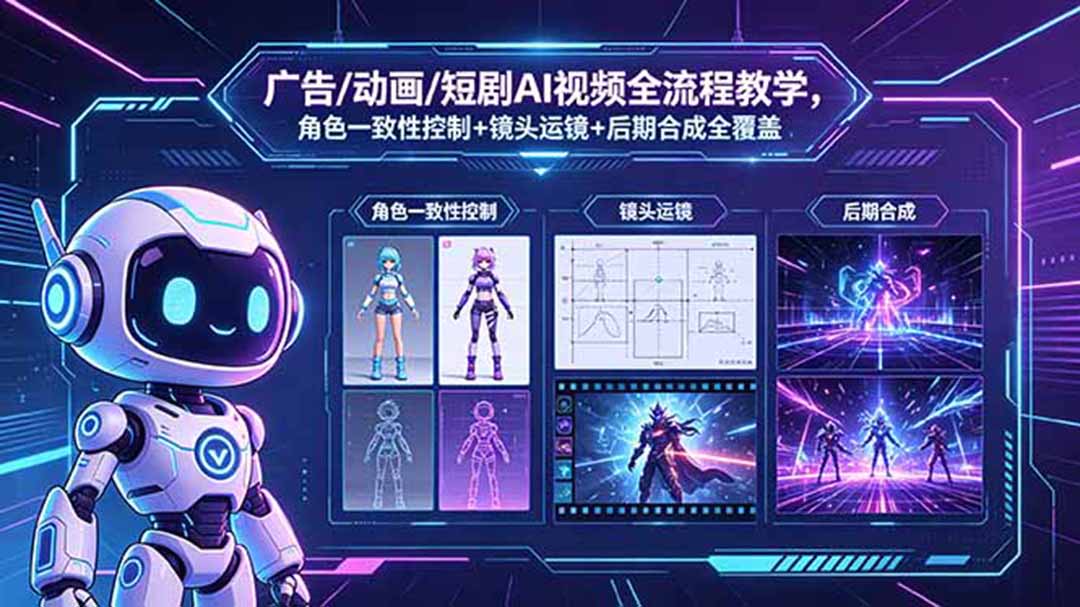 广告/动画/短剧AI视频全流程教学，角色一致性控制+镜头运镜+后期合成全覆盖-云阁资源网