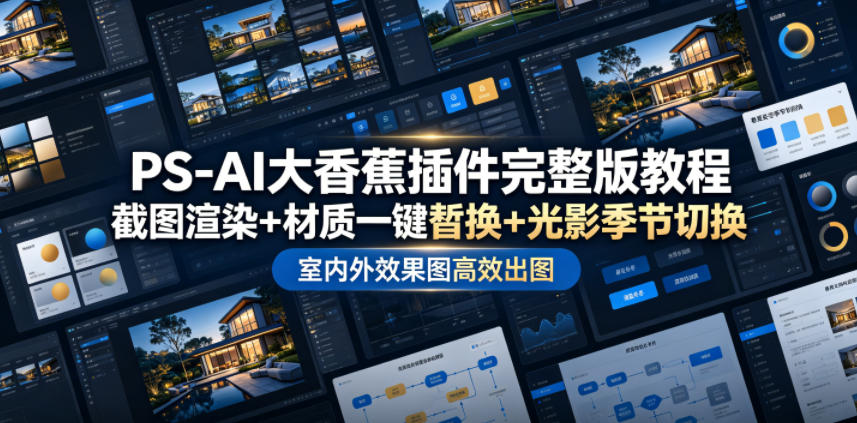 PS-AI大香蕉插件完整版教程，截图渲染+材质一键替换+光影季节切换，室内外效果图高效出图高阶课程-云阁资源网
