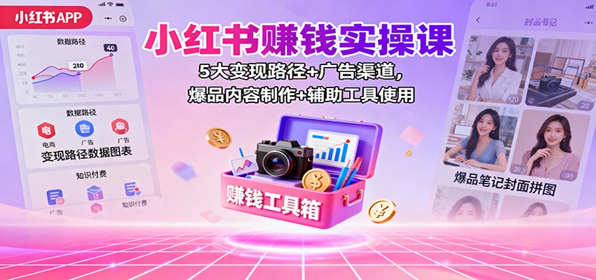 小红书赚钱实操课：5大变现路径+广告渠道，爆品内容制作+辅助工具使用-云阁资源网