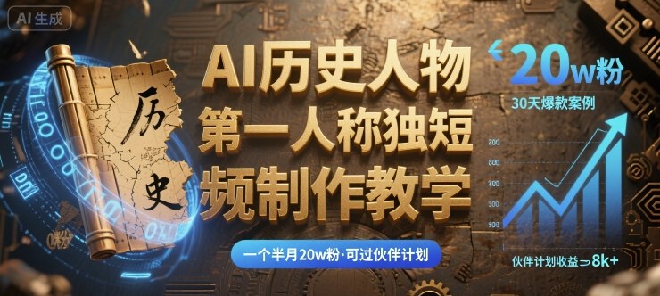 最新AI历史人物第一人称独白短视频制作教学，一个半月20w粉，可过伙伴计划-云阁资源网