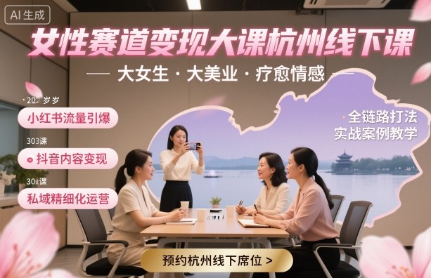 女性赛道变现大课杭州线下，大女生，大美业，疗愈情感，一套小红书、抖音、私域全链路打法-云阁资源网