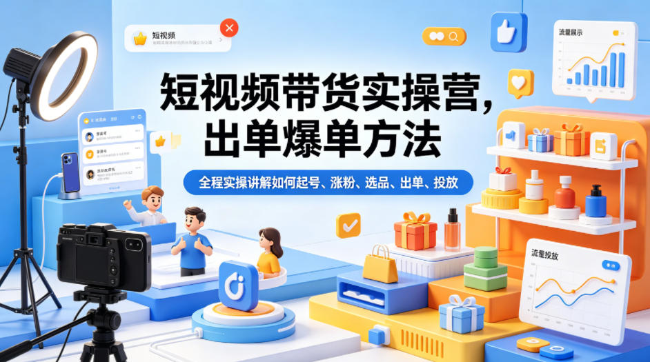 短视频带货实操营，出单爆单方法，全程实操讲解如何起号、涨粉、选品、出单、投放-云阁资源网