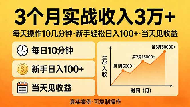 3个月实战收入3万+，每天操作10几分钟，新手轻松日入100+，当天见收益-云阁资源网