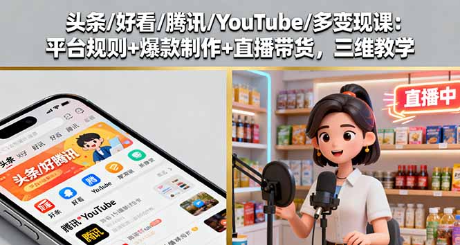 头条/好看/腾讯/YouTube/多变现课：平台规则+爆款制作+直播带货，三维教学-云阁资源网