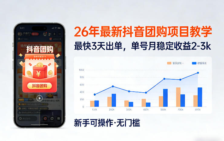 26年最新抖音团购项目教学，0门槛，最快3天出单，单号月稳定收益2-3k-云阁资源网