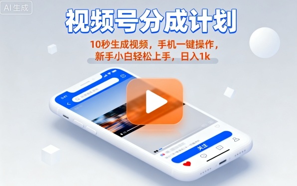 视频号分成计划懒人玩法，10秒生成视频，手机一键操作，新手小白轻松上手，日入1K【揭秘】-云阁资源网