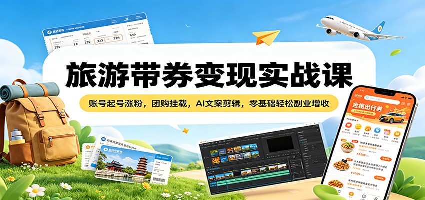 旅游带券变现实战课：账号起号涨粉，团购挂载，AI文案剪辑，零基础轻松副业增收-云阁资源网