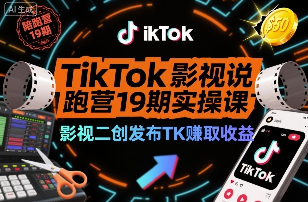 TikTok影视解说陪跑营19期实操课,影视二创发布TK賺取收益,万播收益50美金-云阁资源网
