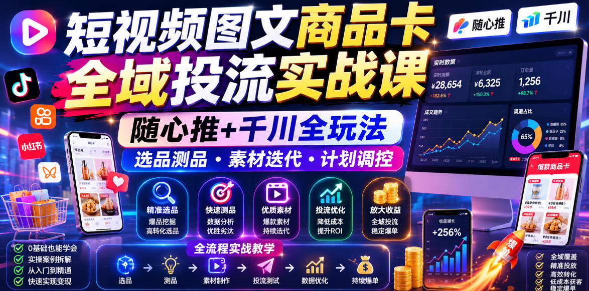 短视频图文商品卡全域投流实战课，随心推+千川全玩法，选品测品・素材迭代・计划调控，提升ROI爆单增收教程-云阁资源网