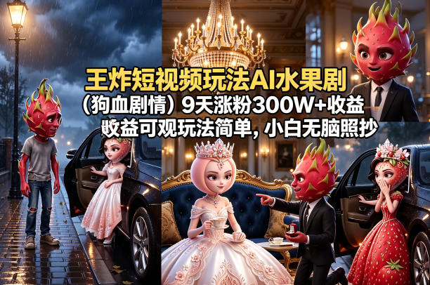 王炸短视频玩法AI水果剧(狗血剧情)9天涨粉300W+收益可观玩法简单，小白无脑照抄，详细拆解玩法-云阁资源网