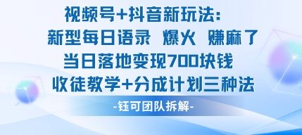 视频号加抖音新玩法：爆火新型每日语录，收徒教学加分成计划，三种变现玩法，当日变现7张-云阁资源网